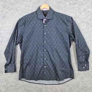 Steven Land Men's Black Button Up Shirt Size 17.5 34/35 Trim Fit Polka Dots SPOT